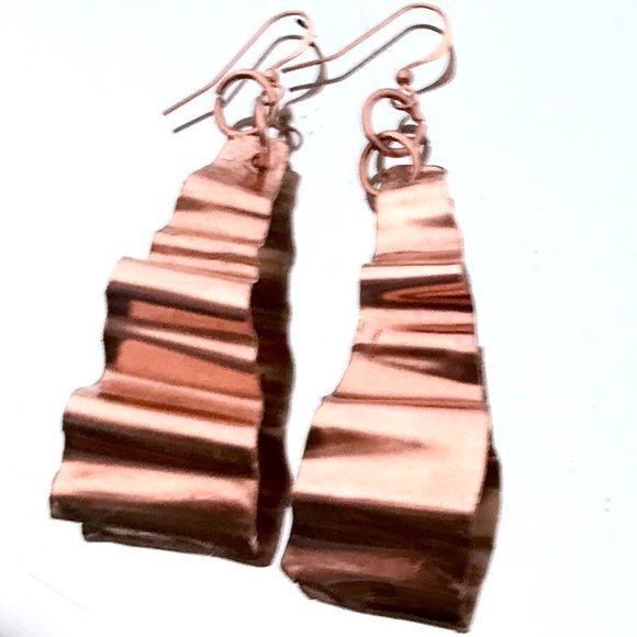 Conceptual Subculture Jewelry - Solid Copper Crinkle Long Earrings Rustic Dangle Handmade Artisan Form Folded